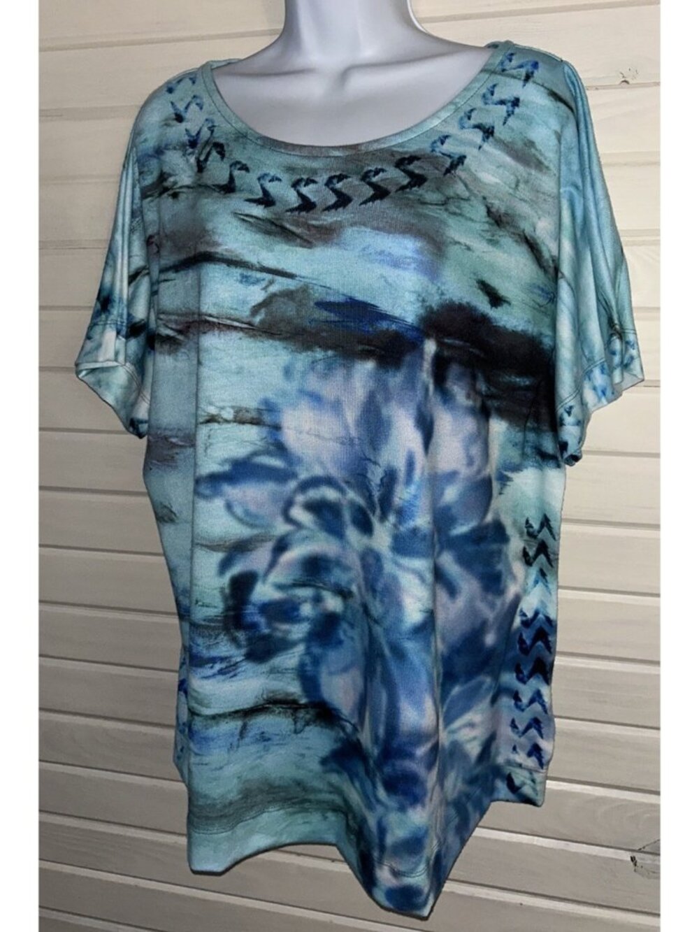 Soft Surroundings Sz LARGE Turquoise Blue Dolman Sleeve Watercolor Tunic Top EUC